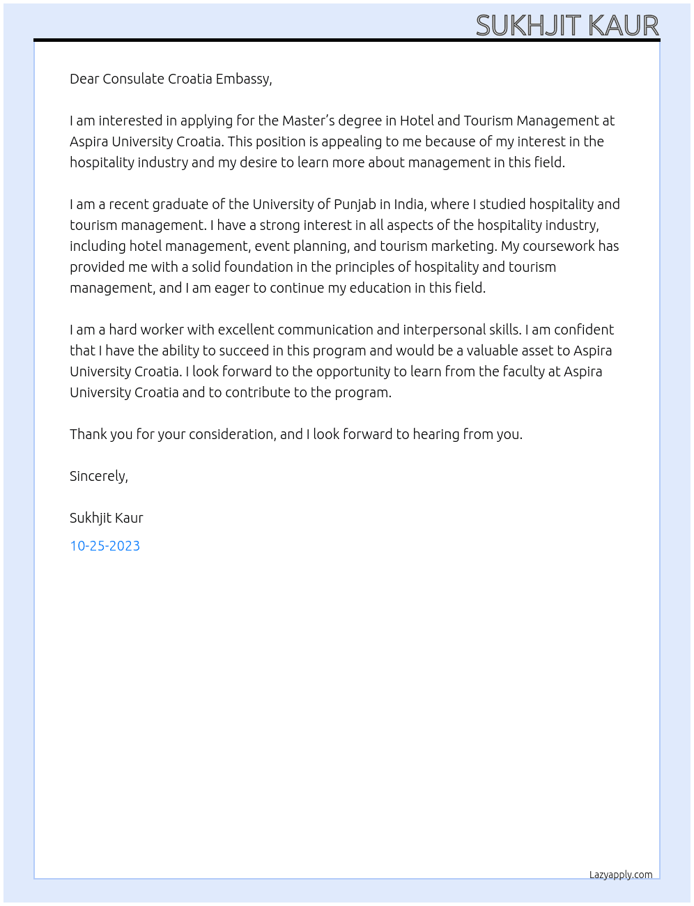 Master’s degree in Hotel and Tourism Management  At Aspira University croatia  Cover Letter