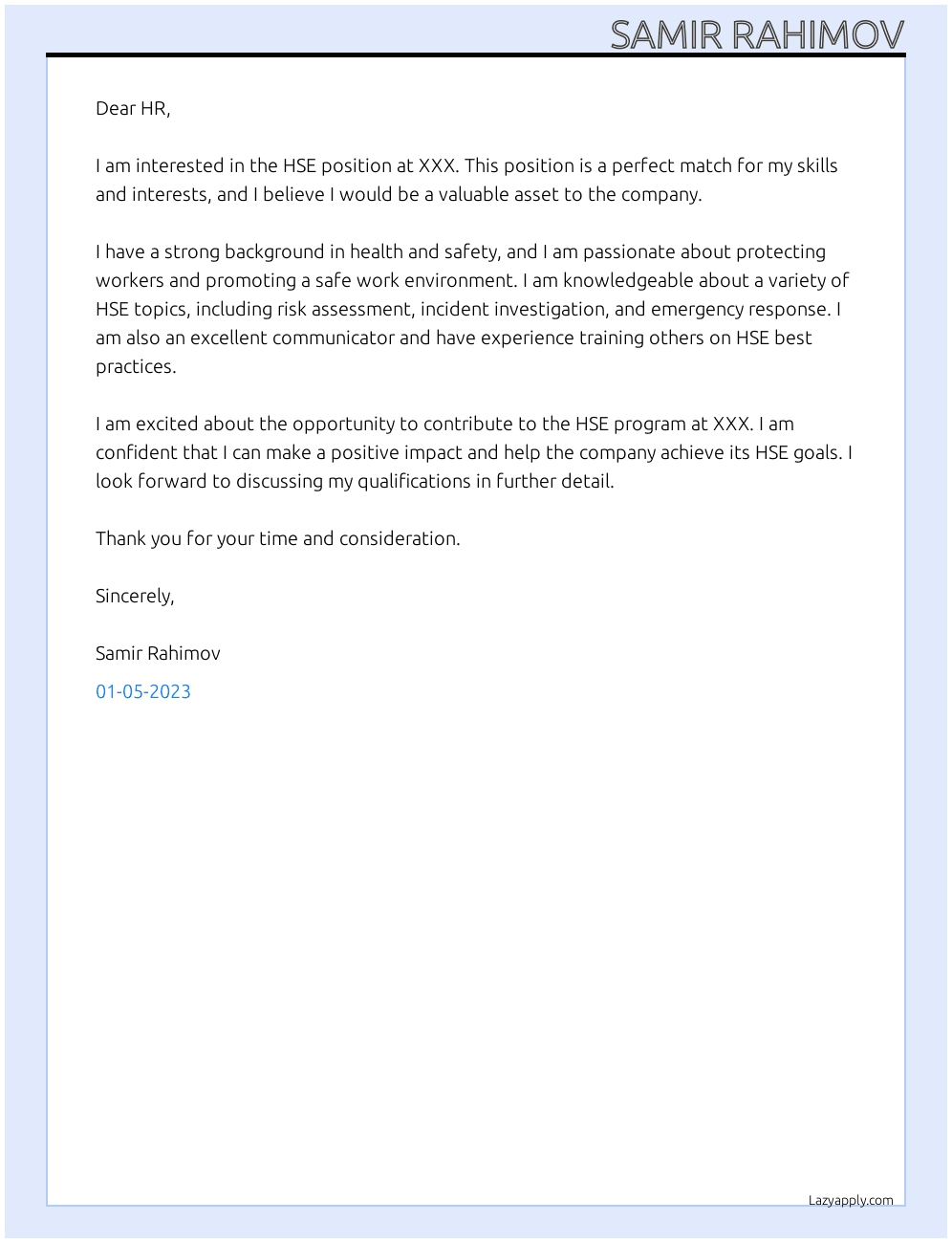 HSE At XXX Cover Letter