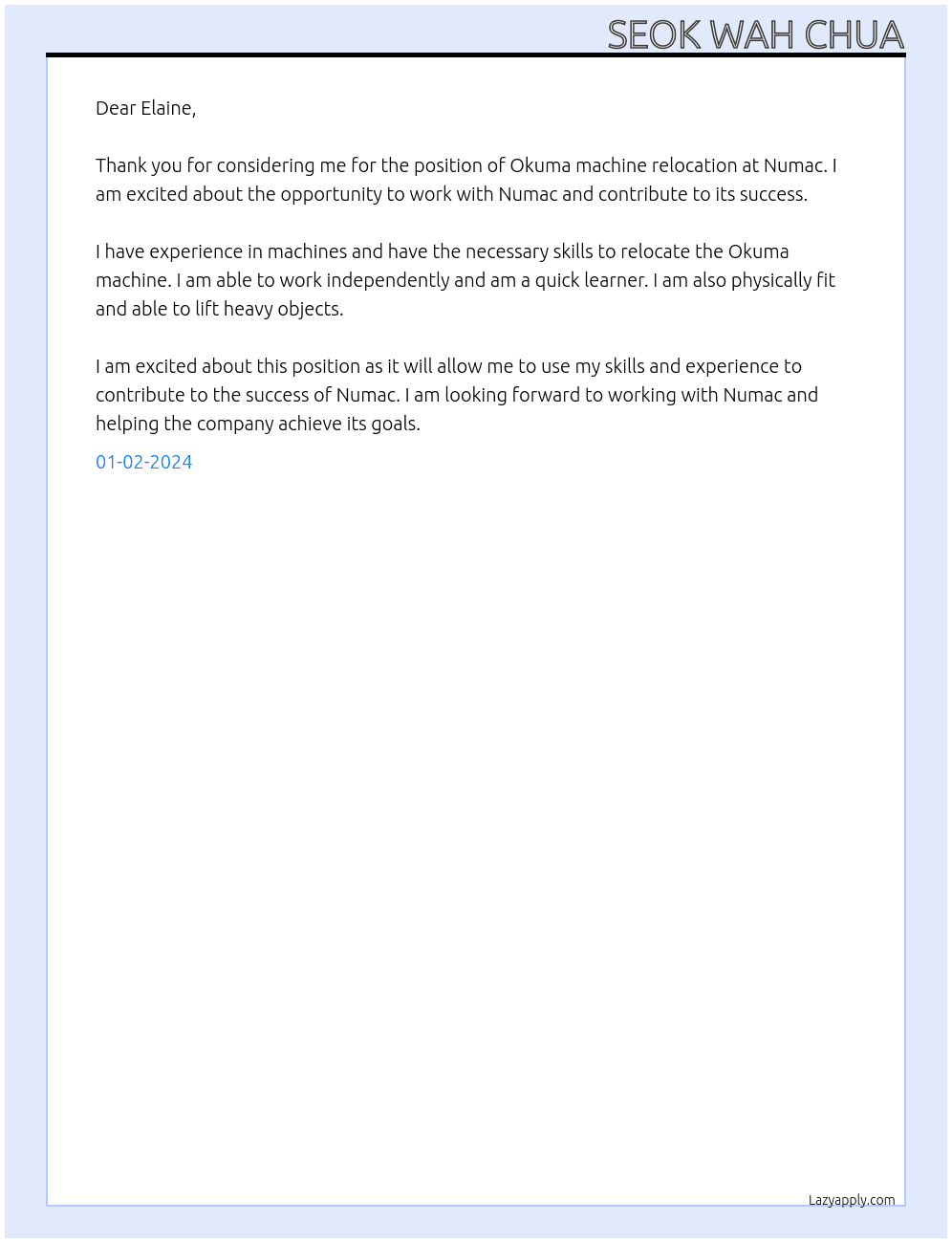 Okuma machine relocation At Numac Cover Letter