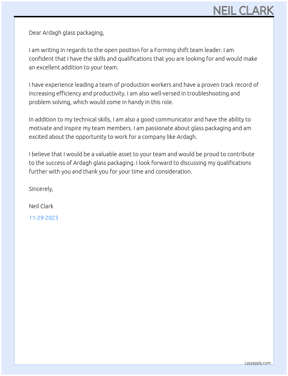 Forming shift team leader At Ardagh glass packaging Cover Letter