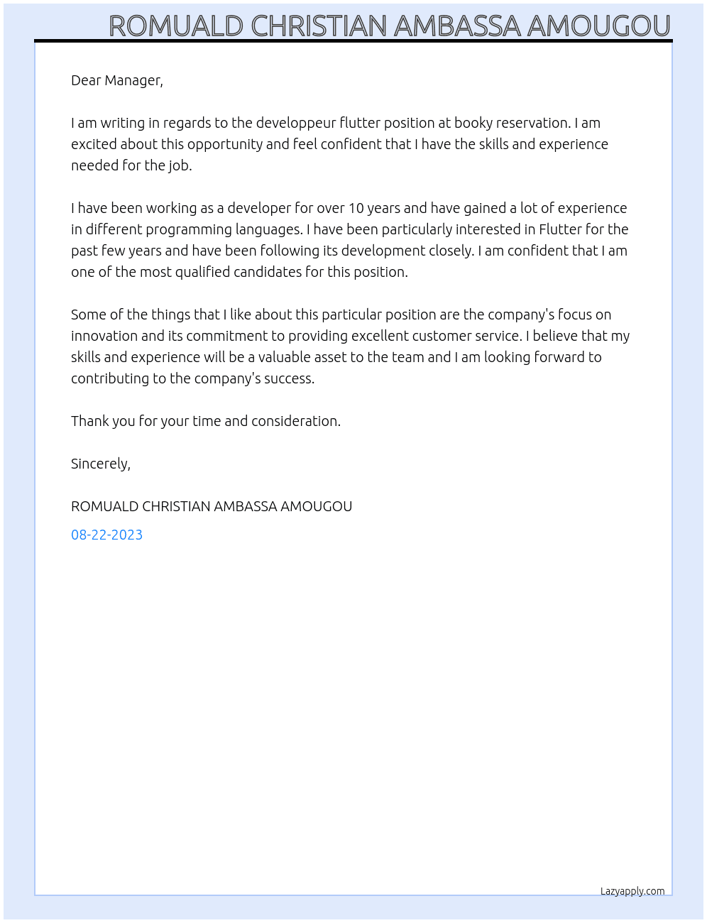 developpeur flutter At booky reservation Cover Letter