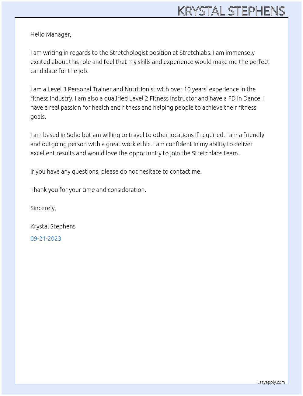 Stretchologist At Stretchlabs Cover Letter