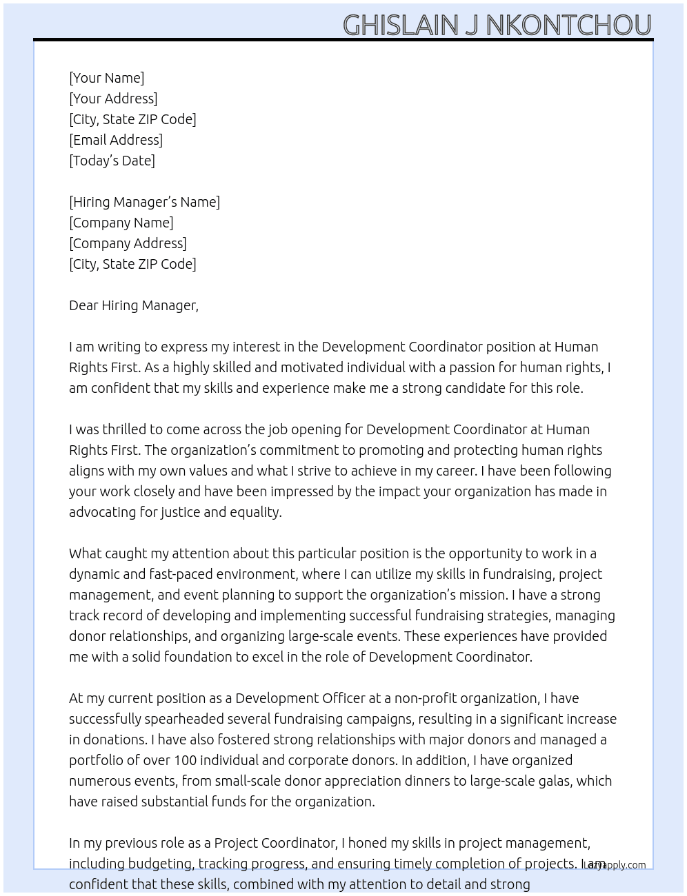 Development Coordinator At Human Rights First Cover Letter