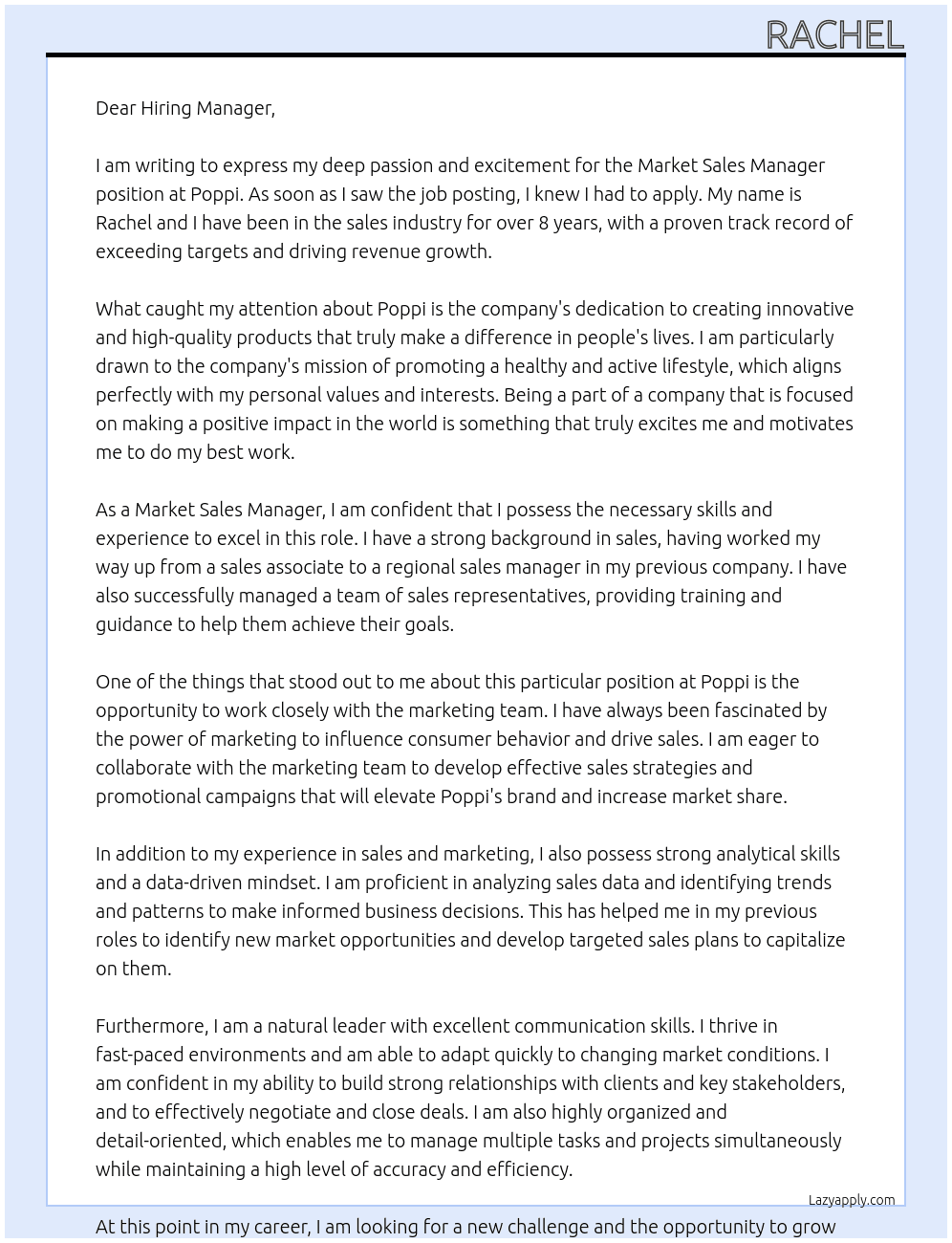 Market Sales Manager At Poppi Cover Letter
