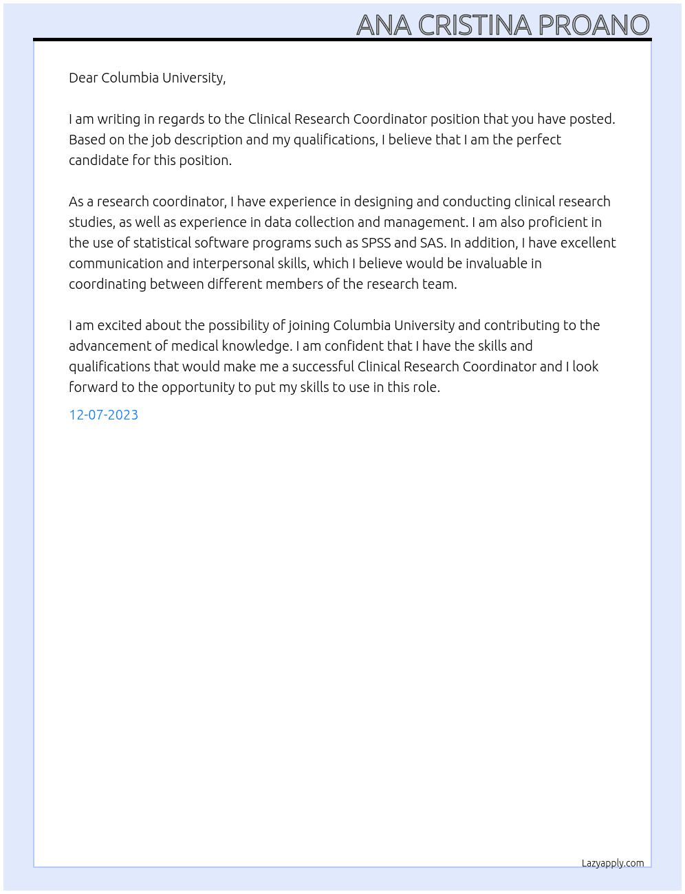 Clinical Research Coordinator At Columbia University Cover Letter
