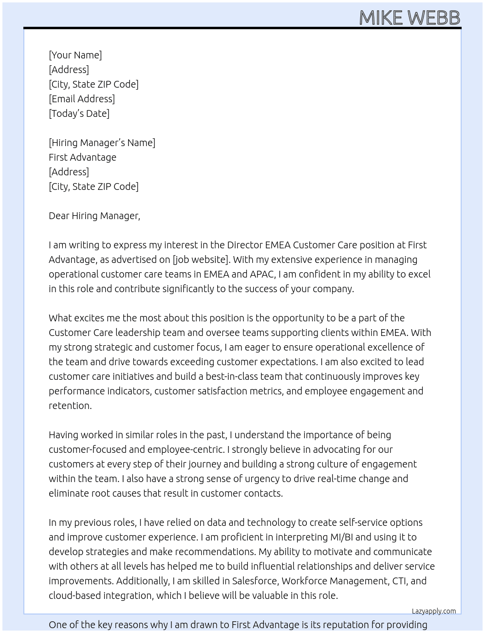 Director EMEA Customer Care (UK) At First Advantage Cover Letter