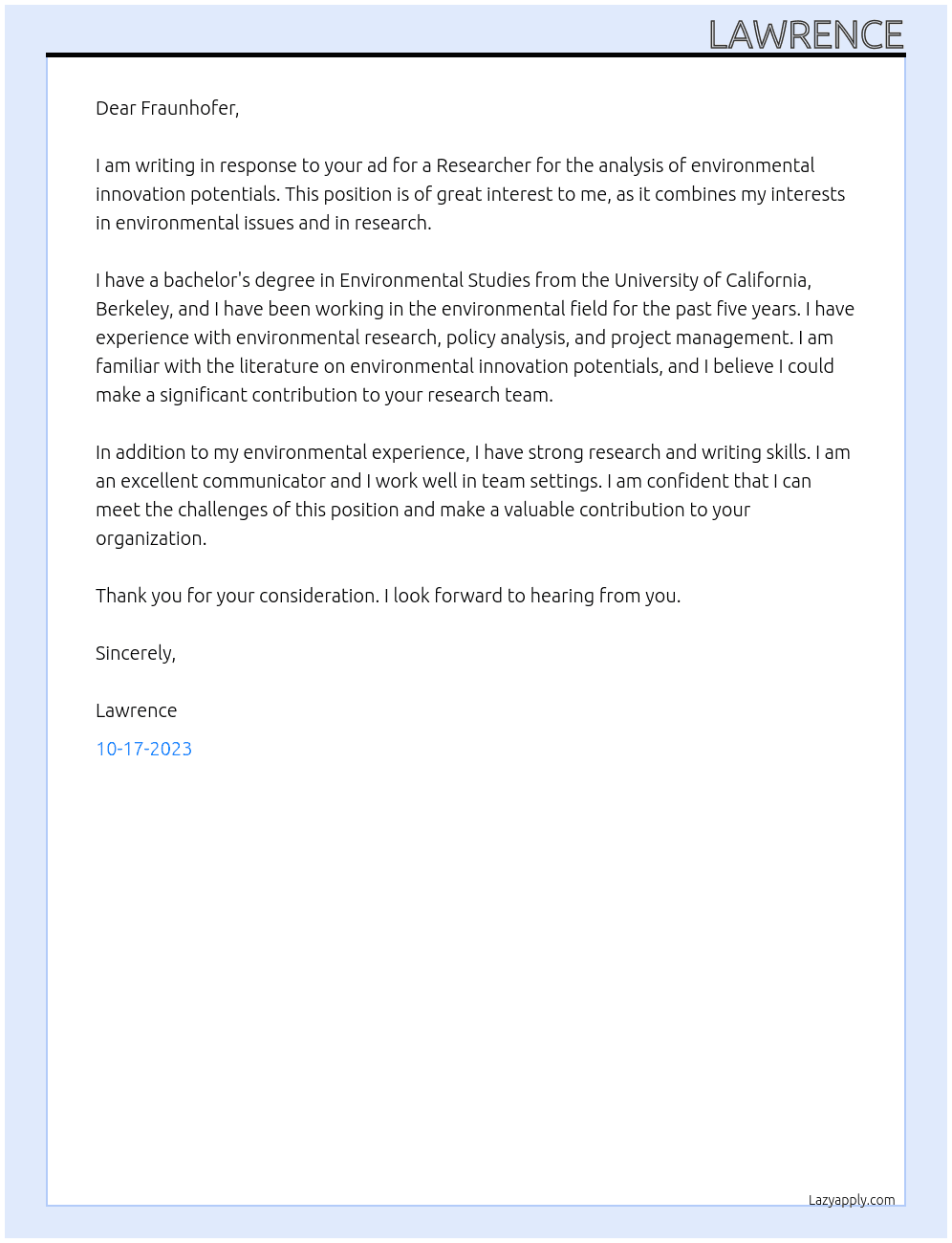 Researcher for the analysis of environmental innovation potentials At Fraunhofer Cover Letter
