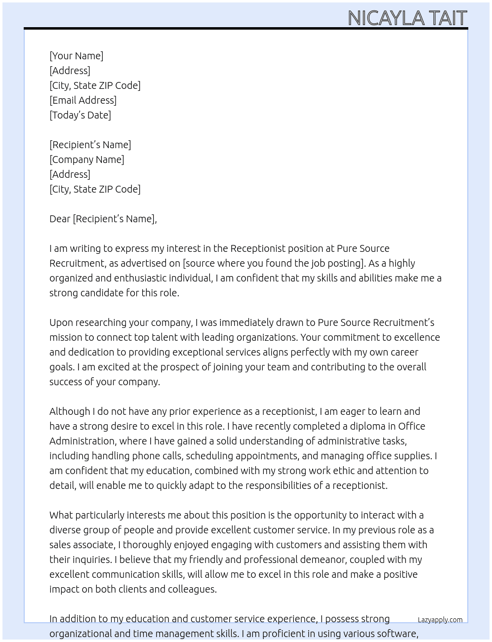Receptionist  At Pure Source Recruitment  Cover Letter