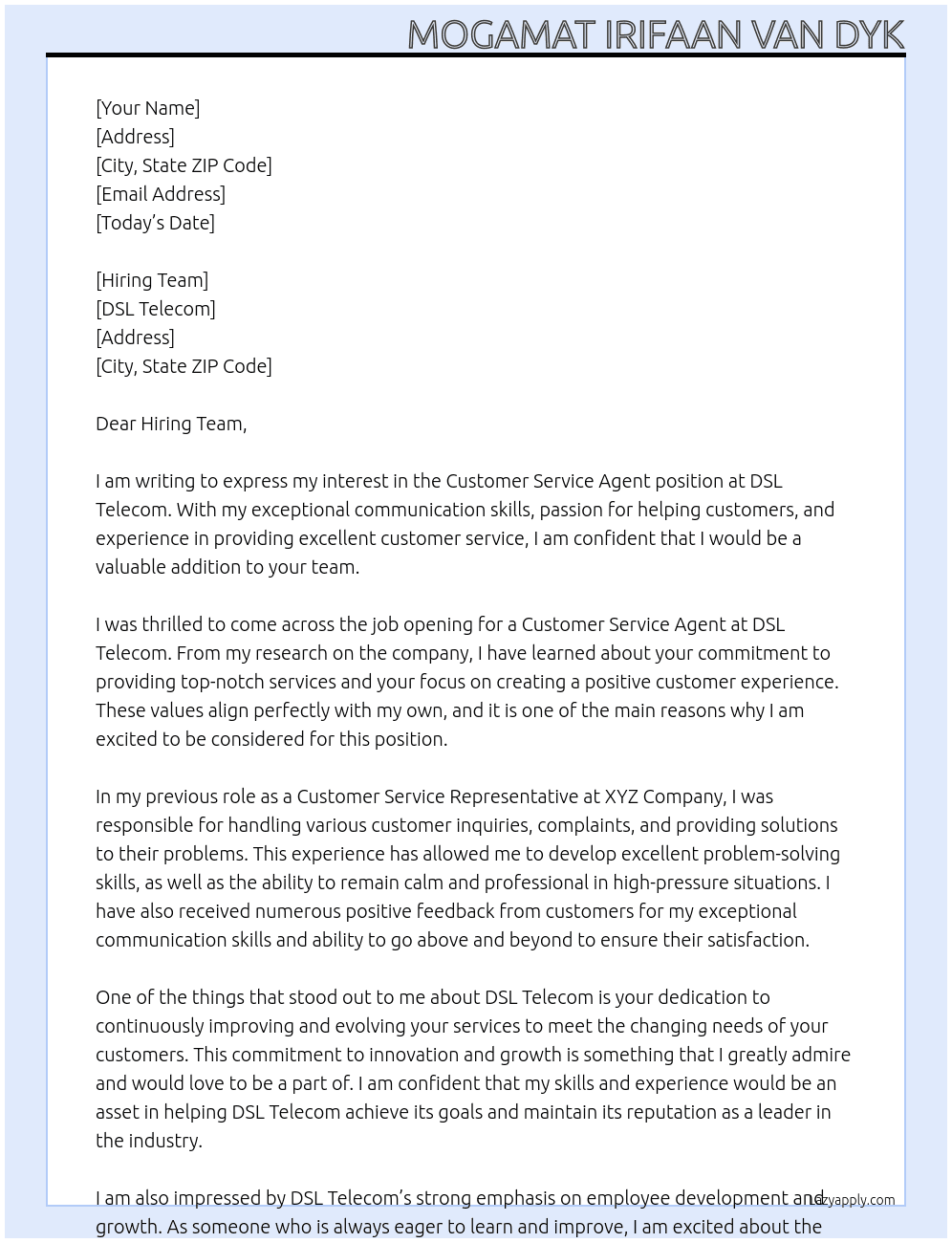 Customer Service Agent At DSL Telecom Cover Letter