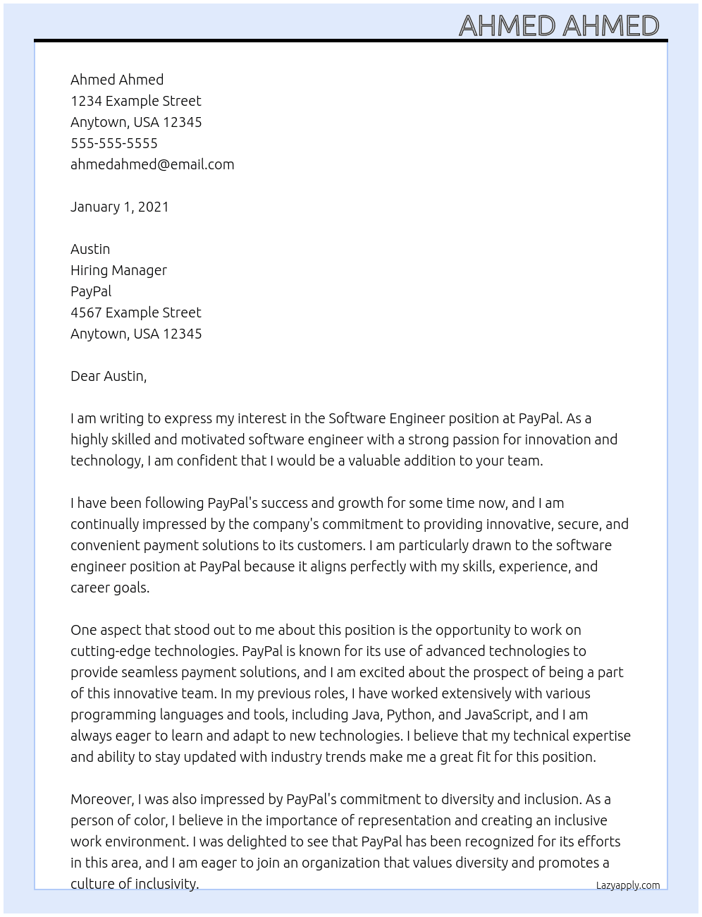 Software engineer  At PayPal  Cover Letter