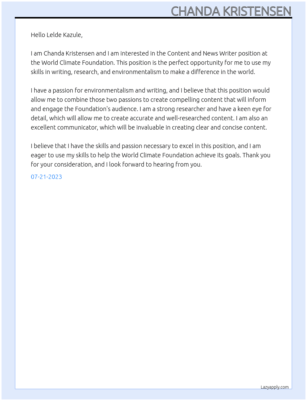 Content and News Writer At World Climate Foundation Cover Letter