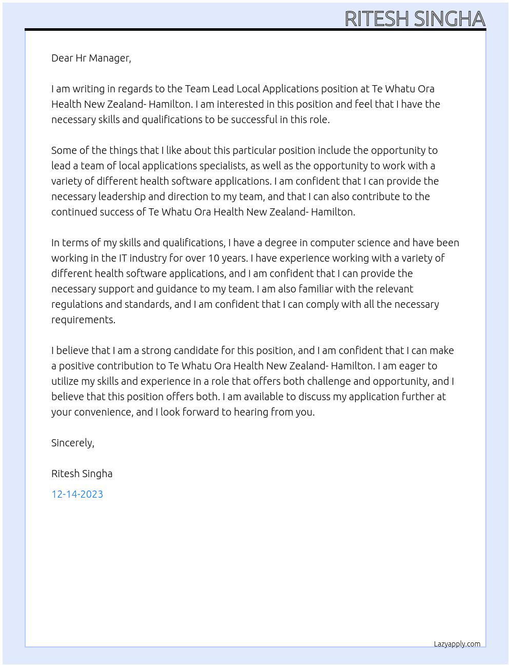 Team Lead Local Applications At Te Whatu Ora Health New Zealand- Hamilton Cover Letter
