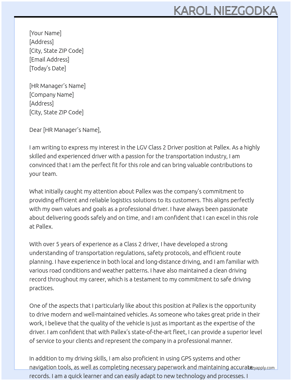 LGV Class 2 Driver At Pallex Cover Letter