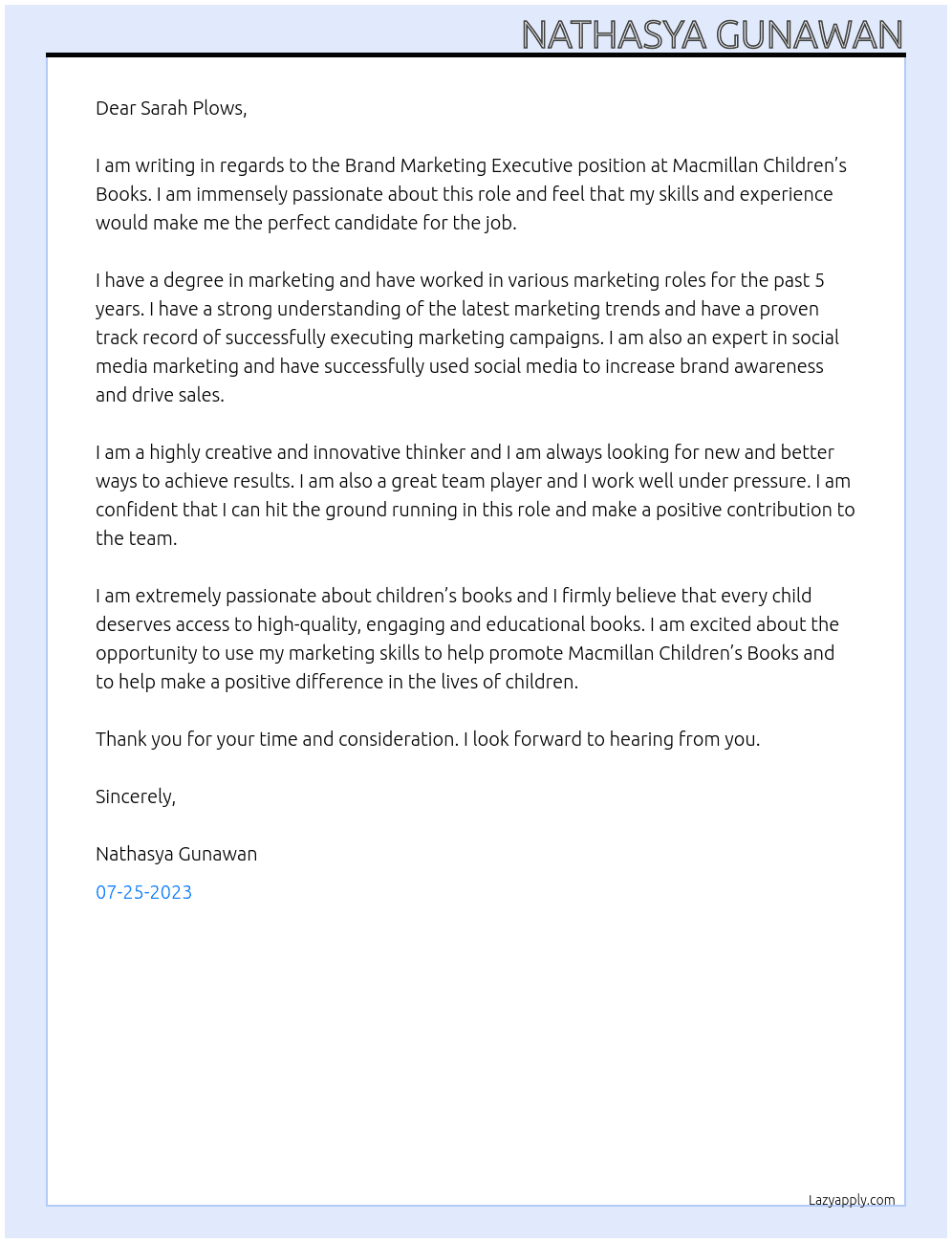 Brand Marketing Executive (Macmillan Children’s Books) At Pan Macmillan Cover Letter