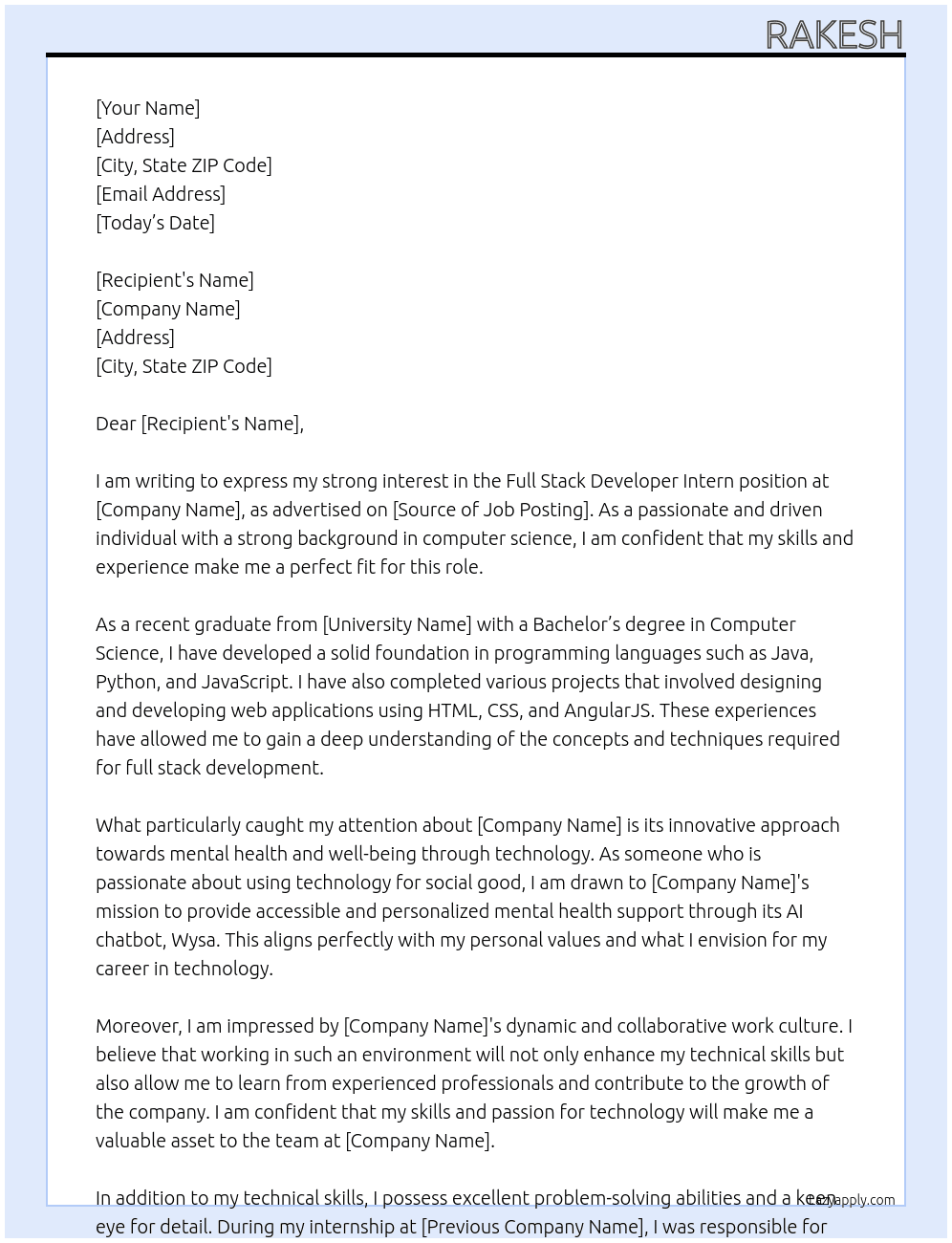 Full stack developer intern At Wysa Cover Letter