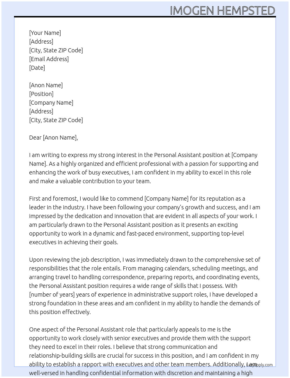 Personal Assistant At Personal Assistant Cover Letter