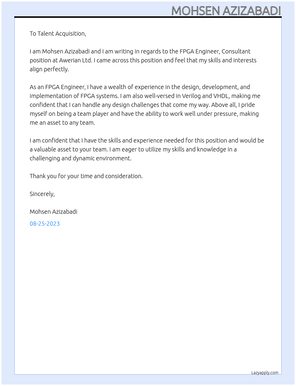 FPGA Engineer, Consultant At Awerian Ltd   Cover Letter