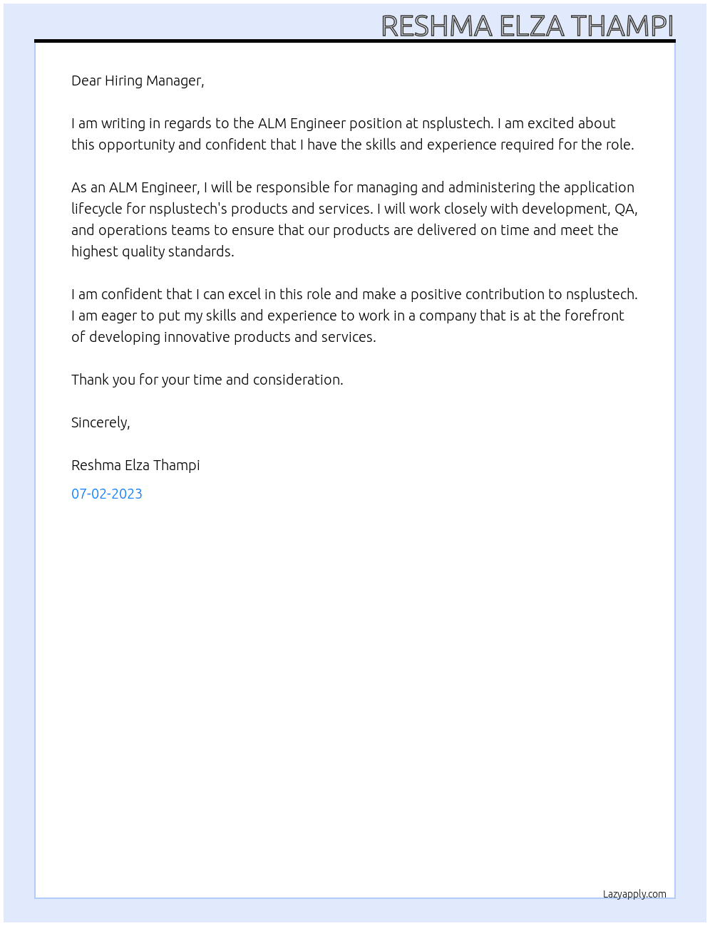 ALM Engineer At nsplustech Cover Letter
