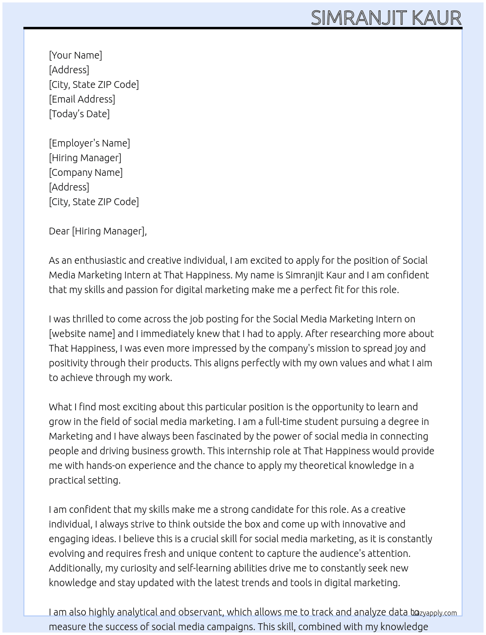 Social media marketing intern  At That Happiness  Cover Letter