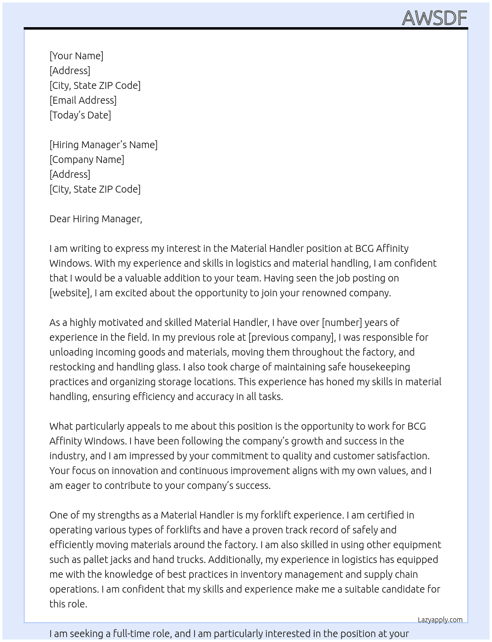 Material Handler At BCG Affinity Windows Cover Letter