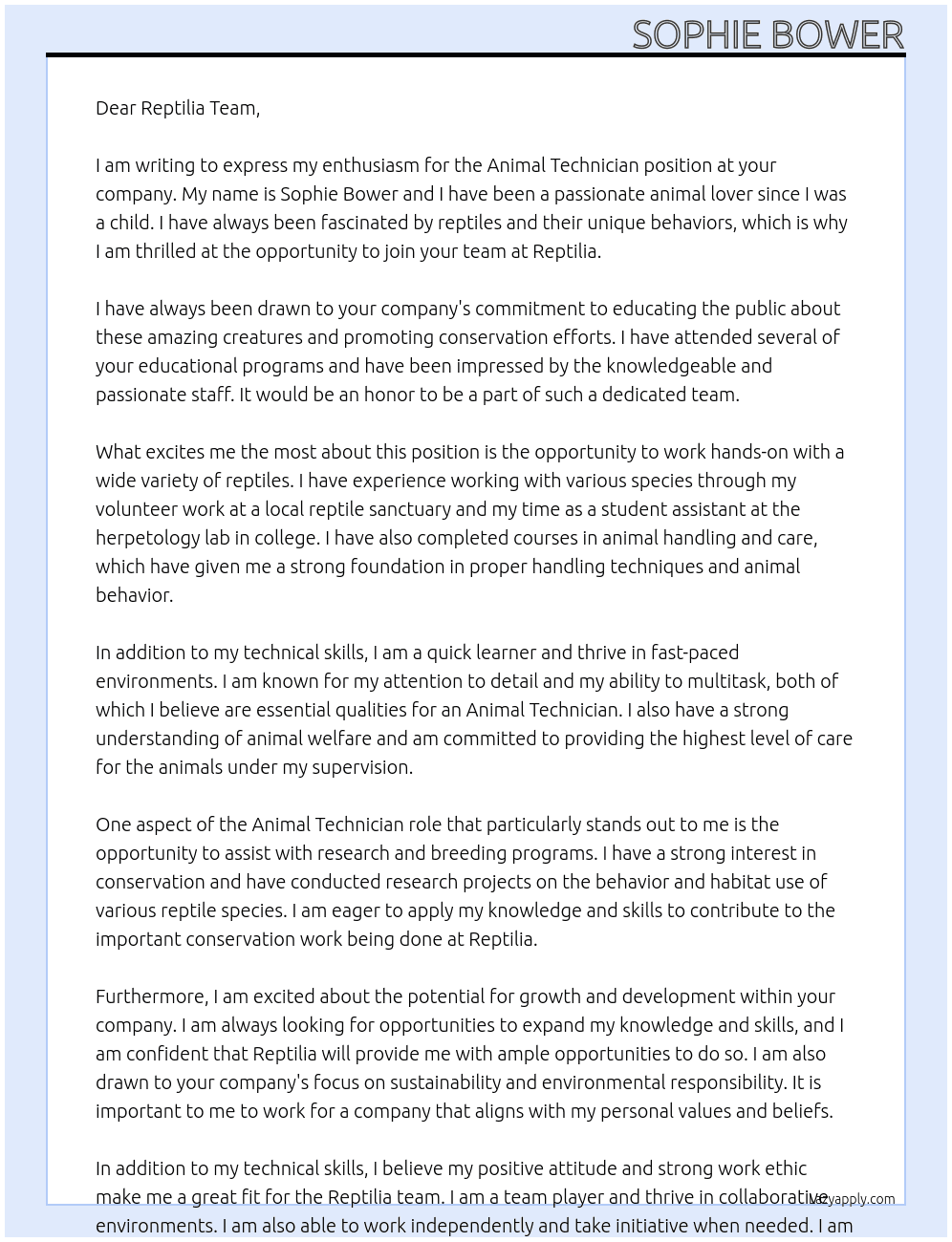 Animal Technician  At Reptilia  Cover Letter