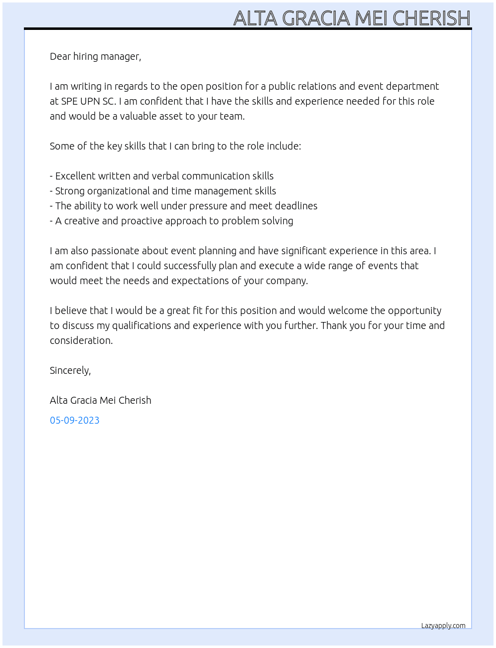 Public relation and event department At SPE UPN SC Cover Letter