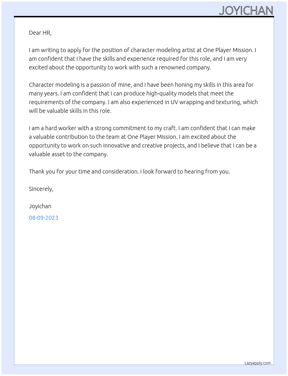 Character modeling artist  At One player mission  Cover Letter