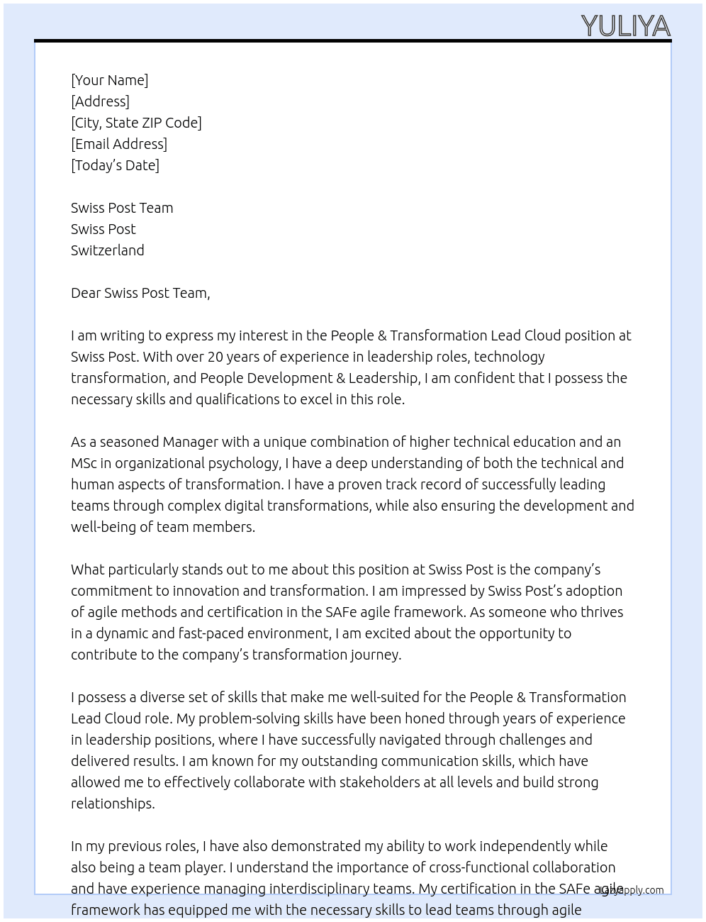 People & Transformation Lead Cloud  At Swiss Post Cover Letter