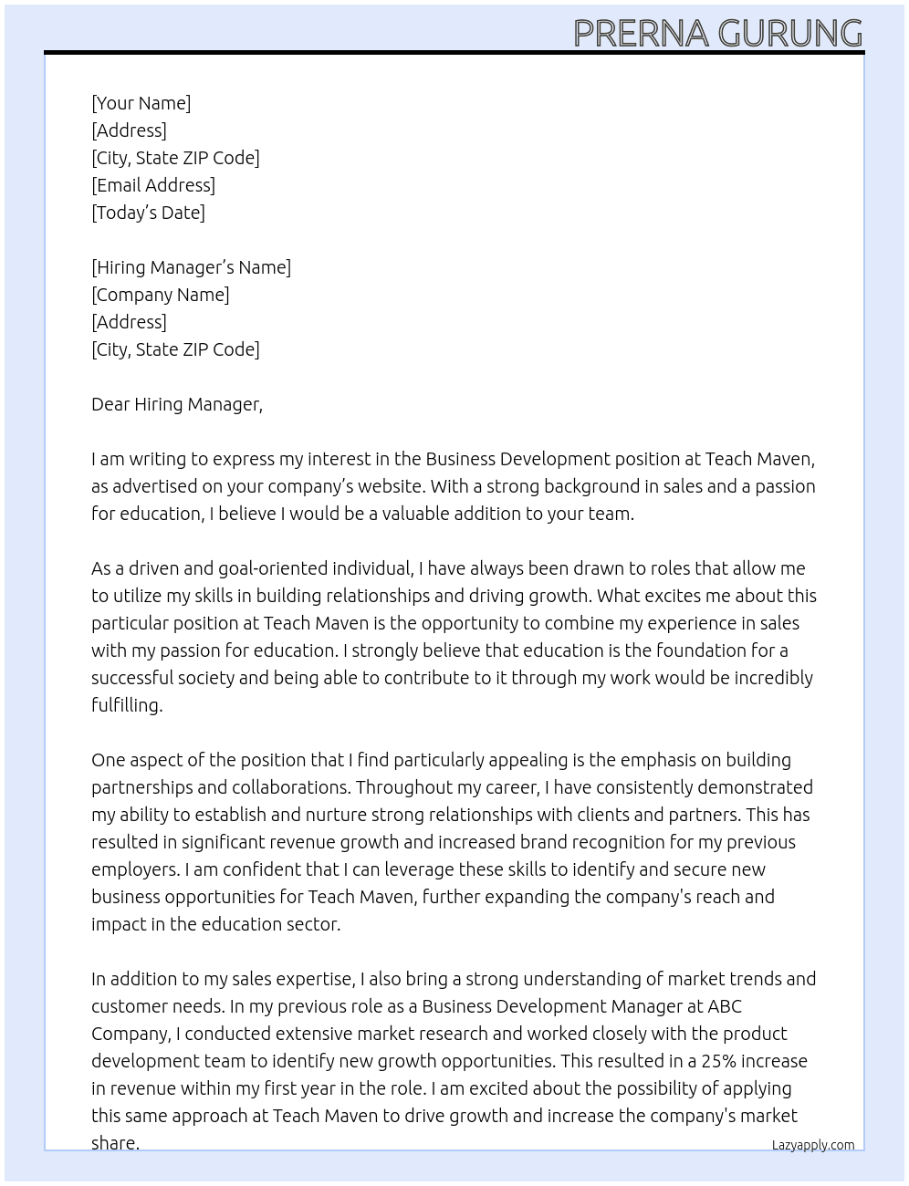 Bussines Development At Teach Maven  Cover Letter