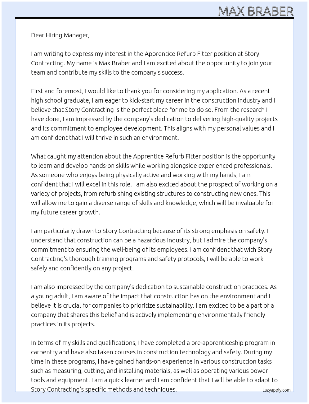 Apprentice Refurb Fitter At Story Contracting Cover Letter