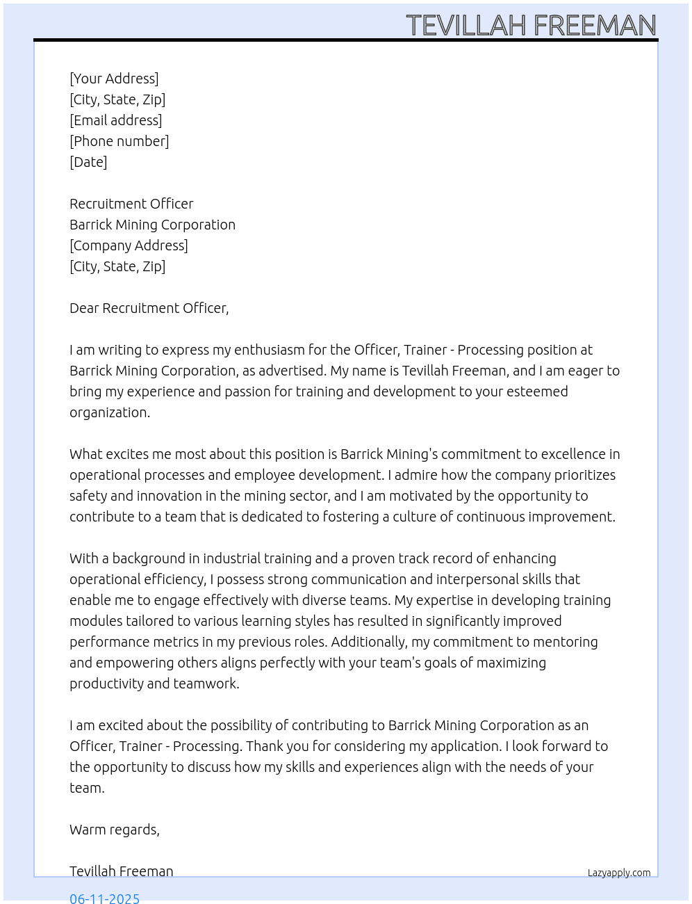 Officer, Trainer - processing  At Barrick Mining corporation  Cover Letter