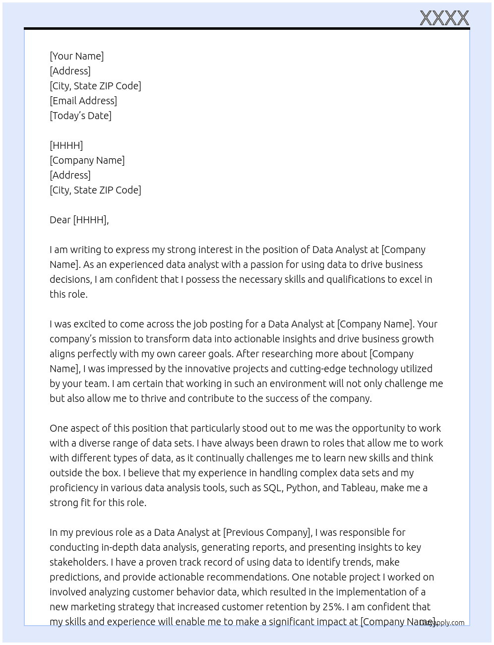 data analyst At YYYY Cover Letter