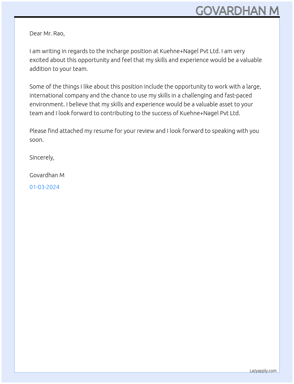 incharge At Kuehne+Nagel Pvt Ltd Cover Letter