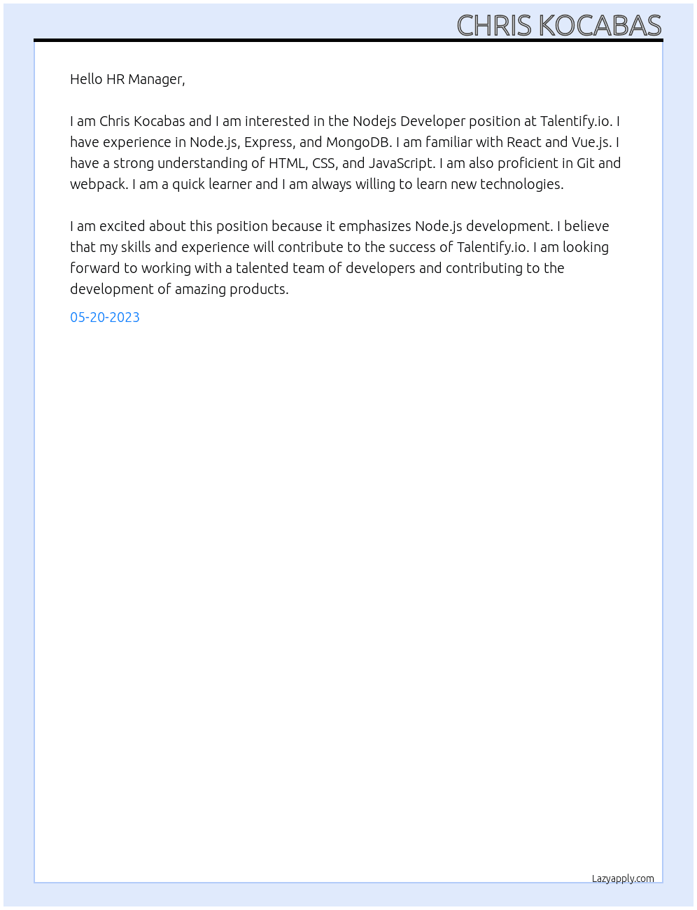 Nodejs Developer At Talentify.io Cover Letter