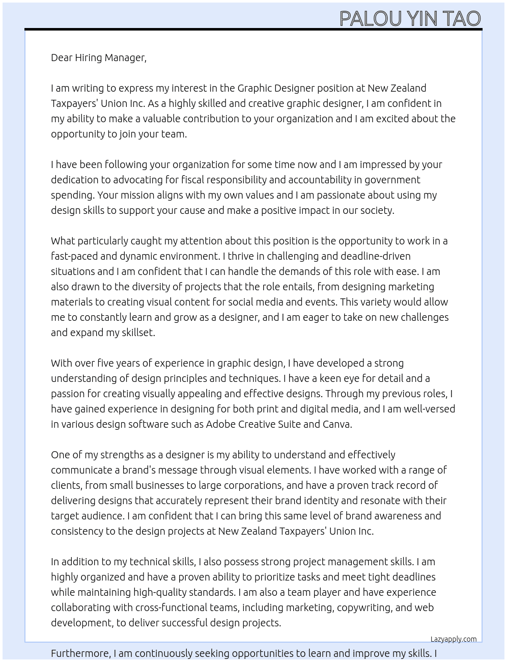 Graphic Designer At New Zealand Taxpayers' Union Inc Cover Letter
