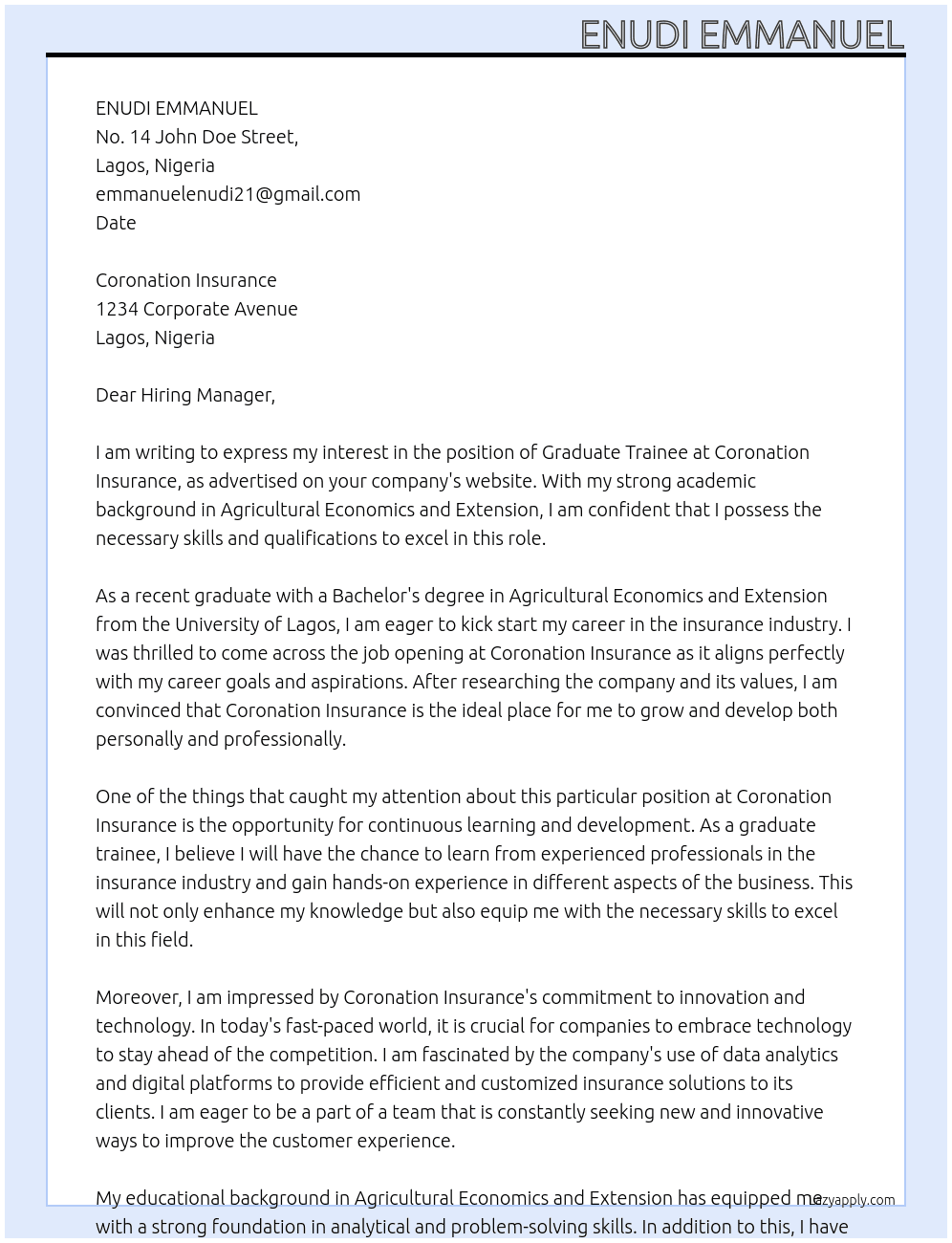 Graduate trainee At Coronation insurance  Cover Letter