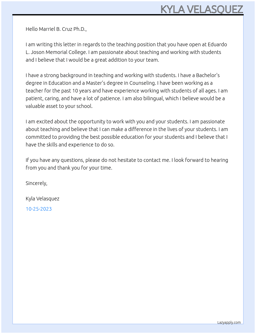 Application for Teaching At Eduardo L. Joson Memorial College Cover Letter
