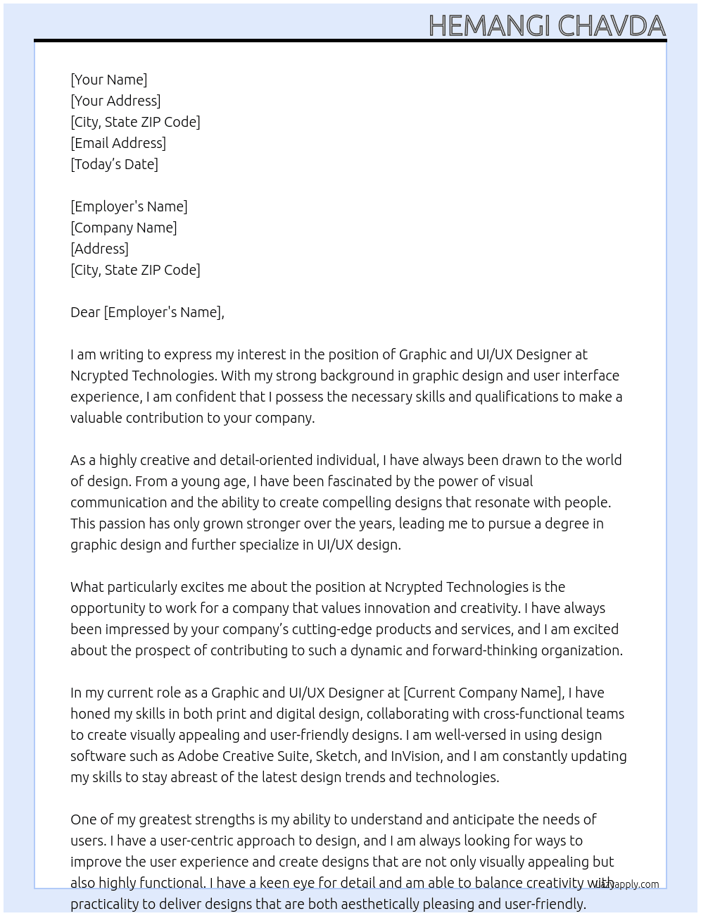 graphic and uiux designer At Ncrypted Technologies Cover Letter