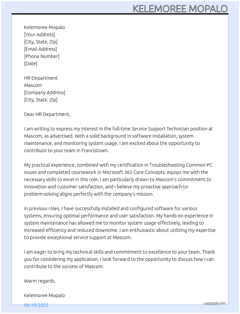 Service Support Technician  At Mascom Cover Letter