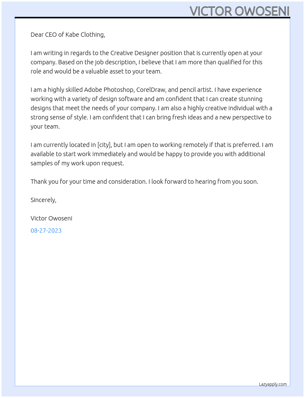Creative Designer At Kabe Clothing  Cover Letter