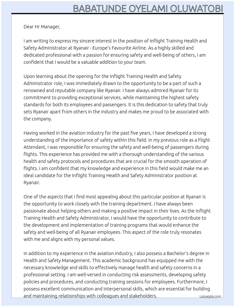 Inflight Training Health and Safety Administrator At Ryanair - Europe's Favourite Airline Cover Letter