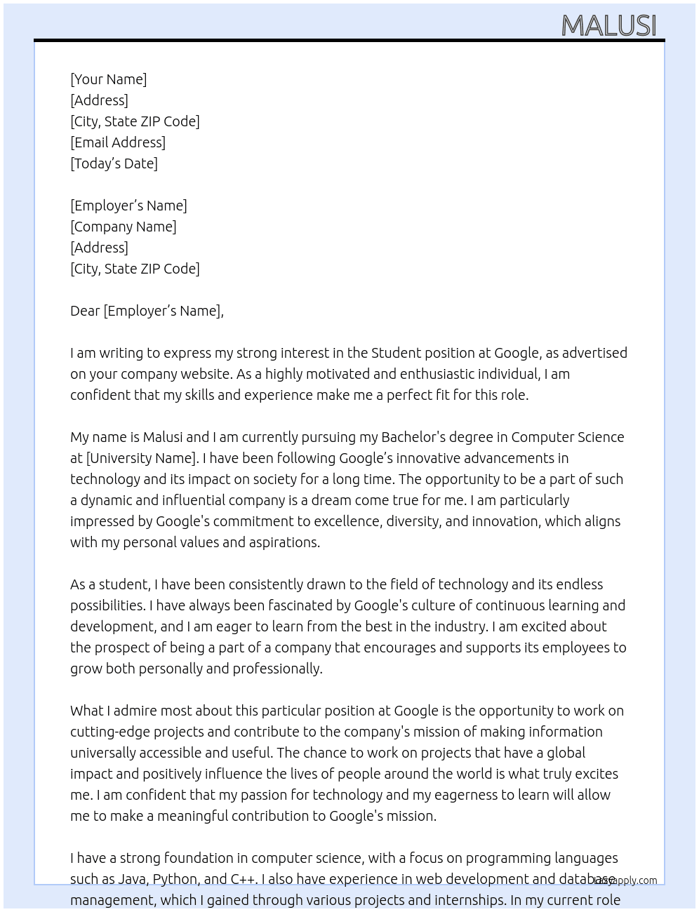 Student At Google  Cover Letter