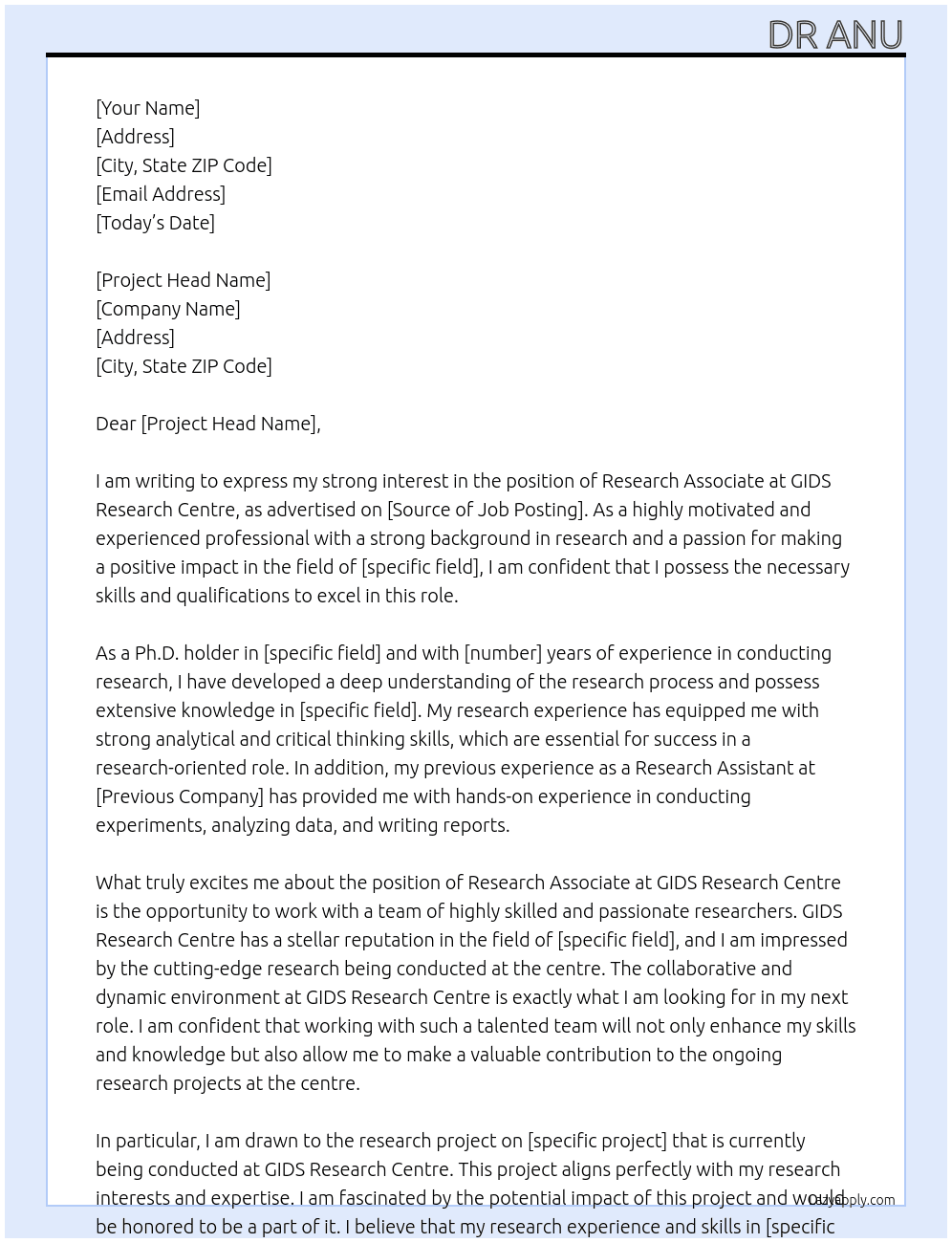 Research associate  At GIDS Research Centre  Cover Letter