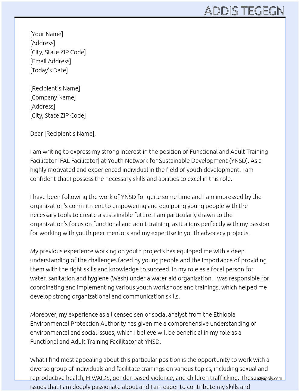 Cover letter for functional and adult training facilitator [fal facilitator]. - LazyApply