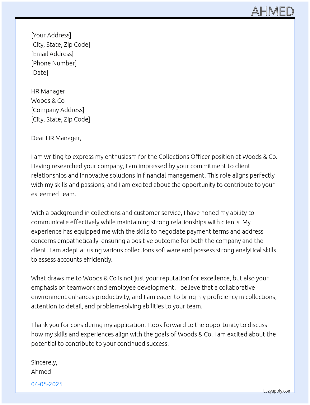 Collections Officer At Woods & Co Cover Letter