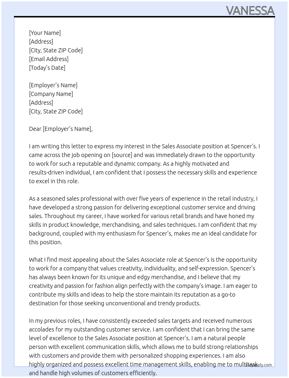 Sale's associate At spencer's  Cover Letter