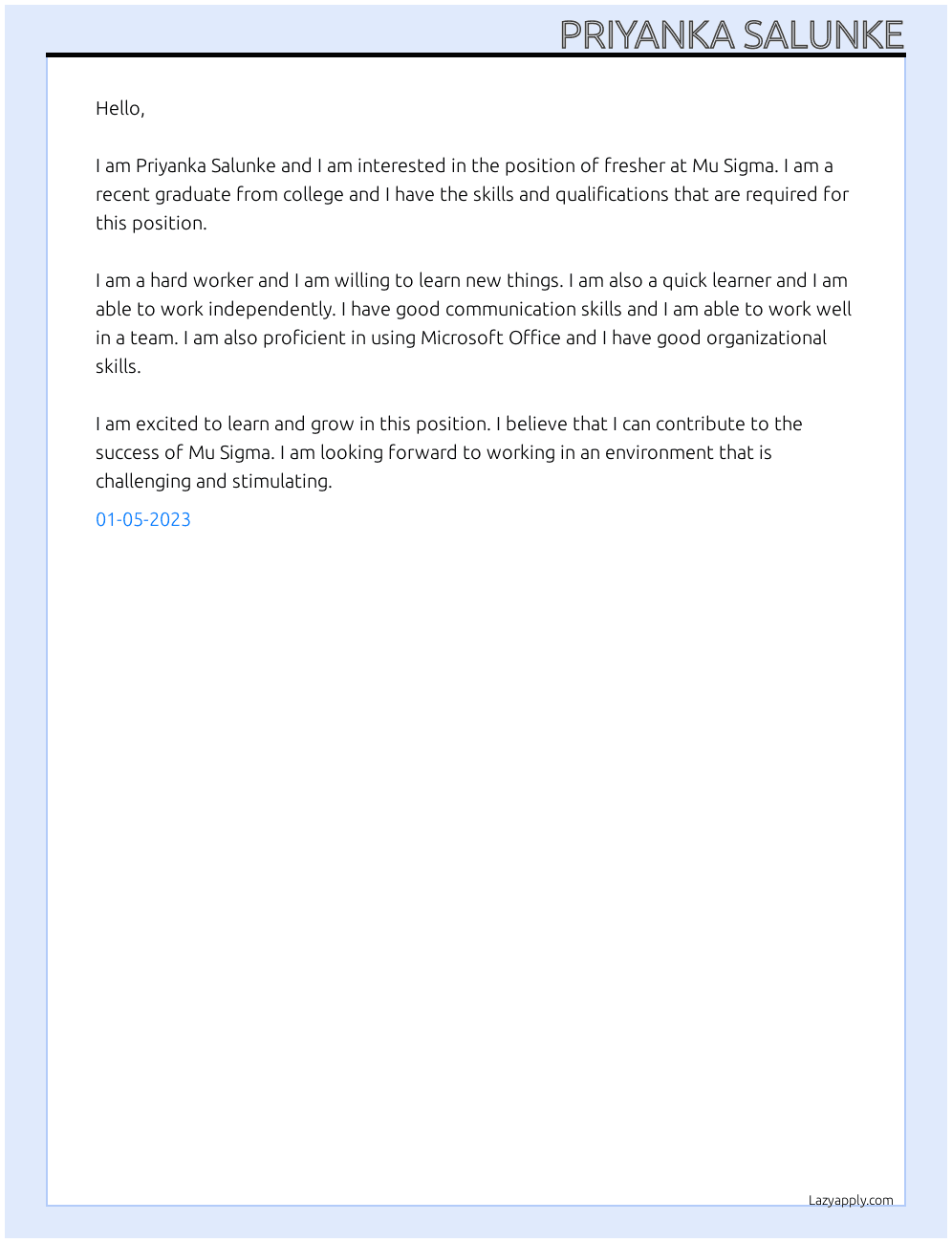fresher At Mu Sigma Cover Letter