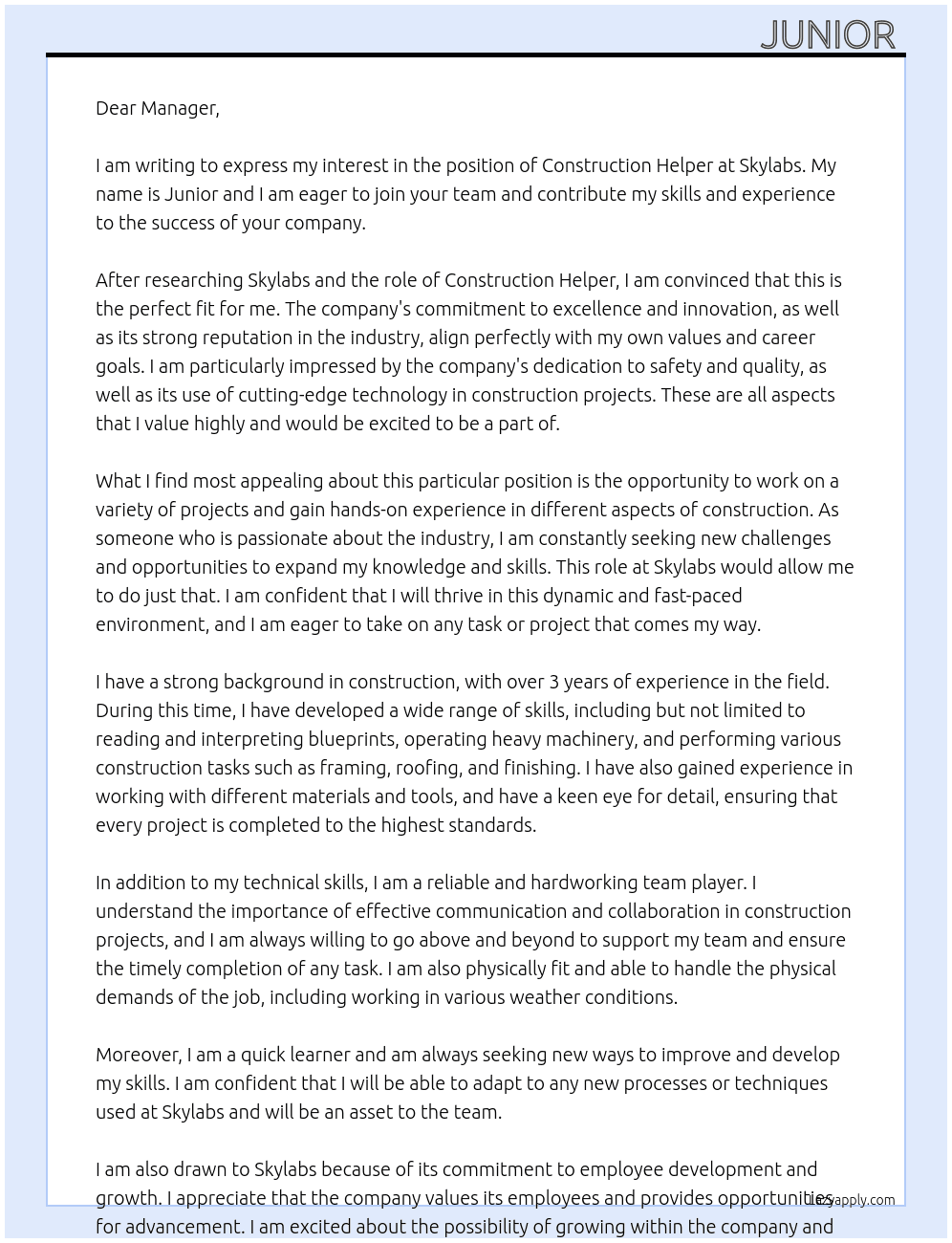construction helper At skylabs  Cover Letter
