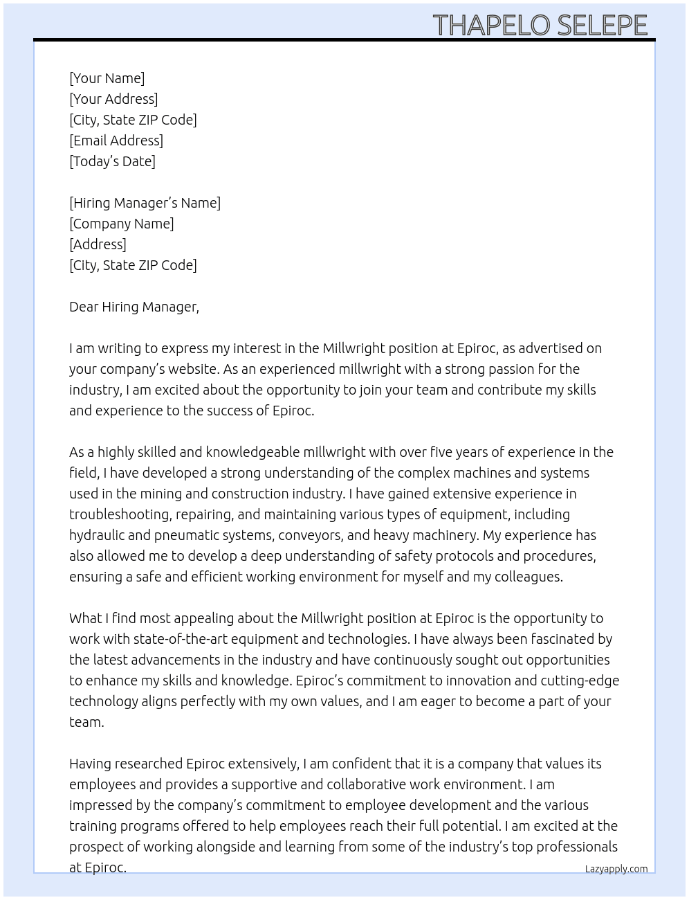 Millwright  At Epiroc Cover Letter