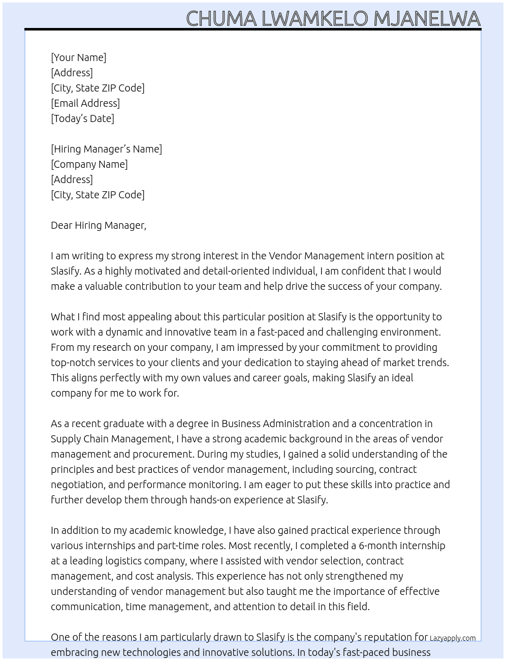 Vendor Management intern At Slasify Cover Letter